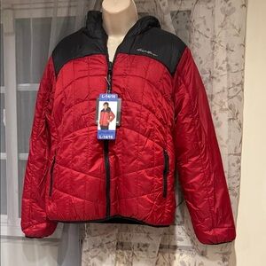 Eddie Bauer Red and Black Quilted Hooded Puffer Jacket size L 14/16